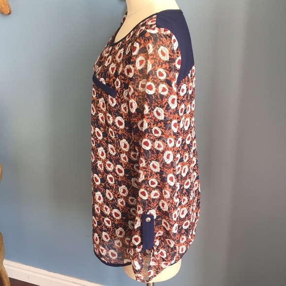 Papermoon for Stitch fix, navy terracotta floral long sleeves crew neck top Sz S - Picture 6 of 10